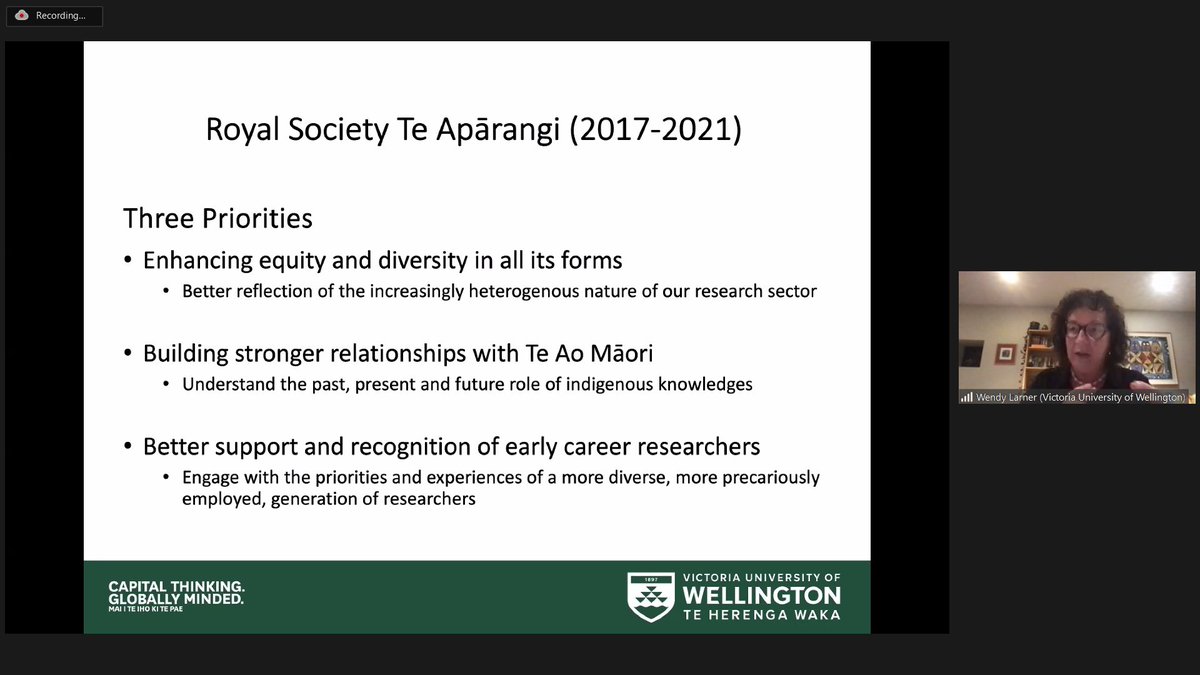 AesisNet's tweet photo. Wendy Larner from @WellingtonUni explains the importance of #equity, #inclusivity, #diversity, and understanding the #past in the context of the Royal Society Te Apārangi in New Zealand
#SSHA21 https://t.co/VkT3EbcQap