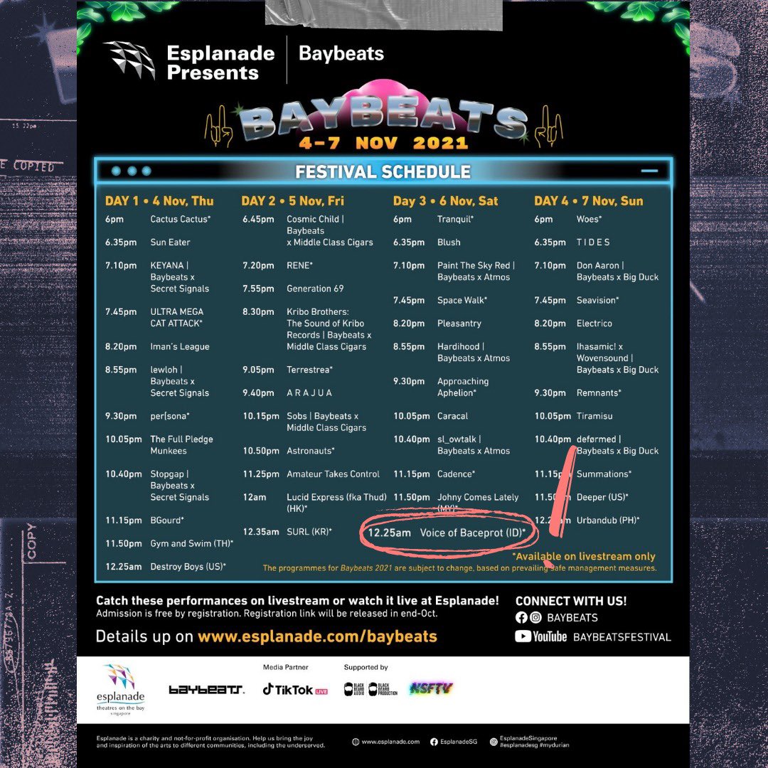 Singapore! 🇸🇬
 
We shall see you verrrry soon at the 20th edition of <a href="/baybeats/">Baybeats ♫ Festival</a> next month! 🔥
 
Watch our live-streamed set on Saturday, November 6, 2021, at 11.25pm Jakarta time.

Go to esplanade.com/baybeats for more info on how to watch!
 
#baybeats2021