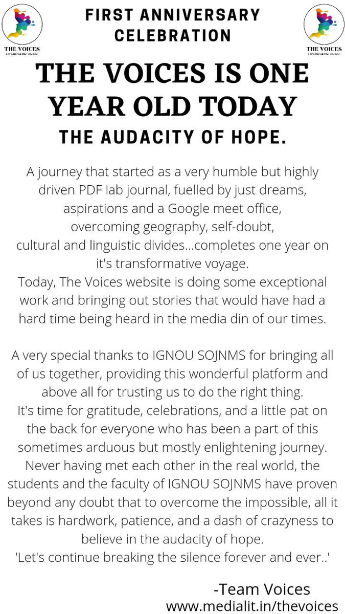 The Voices team members : <a href="/ksarul/">Arul Selvan</a> <a href="/VPremShanker/">V Prem Shanker</a> <a href="/manasviaparna/">aparna nair</a> @solitude_times <a href="/raghujit/">Raghujit Randhawa</a> <a href="/AtreyaPoonam/">Poonam Atreya</a> <a href="/arpitadey06/">Arpita Dey</a> <a href="/OfficialIGNOU/">IGNOU</a> <a href="/TheVoices_IGNOU/">The Voices</a> <a href="/Aswathy97219335/">Aswathy</a> <a href="/17mohdsajid/">Mohammed Sajid</a> <a href="/garimathareja/">Garima</a> <a href="/MilishaYadav/">Milisha Yadav</a> <a href="/Sabyasa73816738/">Sabyasachi Bandyopadhyay</a> <a href="/BanerjeeArita/">Arita Banerjee</a> <a href="/MousumiDiyasi/">Mousumi Diyasi</a> <a href="/ShijjuShakoor/">Shijju Shakoor</a> <a href="/swaksarkar/">Swakshadip Sarkar</a>