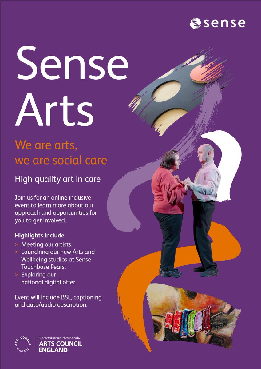 StephSenseArt's tweet photo. Interested to learn more about high quality art in care ? Join us 18 Nov to meet some of our artists and partners to learn more about our approach . See poster below for more info. The event will include BSL, captioning and auto/audio description. #sensearts #spacetobedifferent https://t.co/0HYJDecCpf