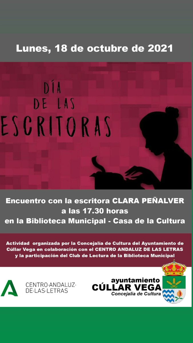 bibcullarvega's tweet photo. El lunes 18 celebraremos el #DiaDeLasEscritoras con @ClaraPenalver , escritora y asesora creativa. Os esperamos!! https://t.co/KZpMCgwlAk