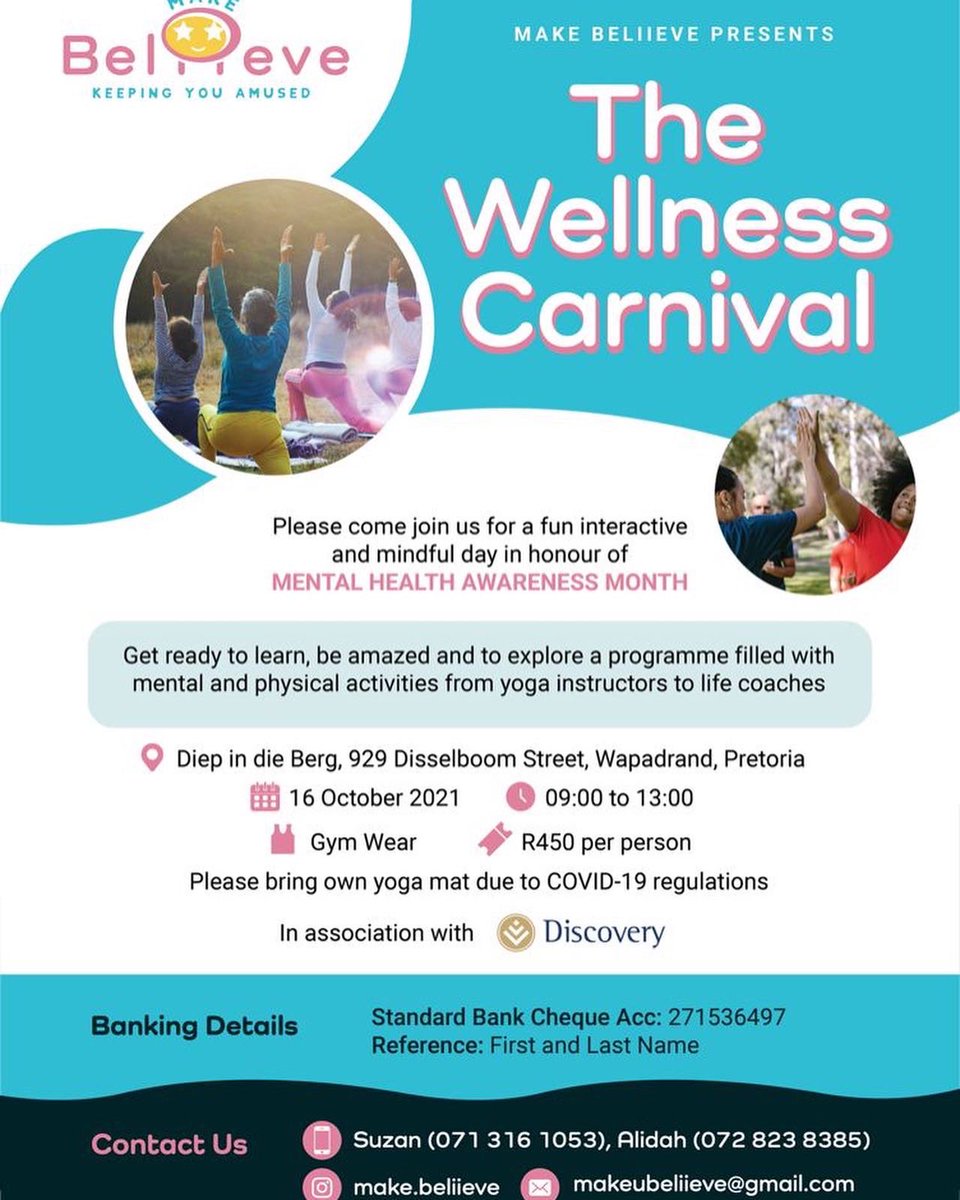 Yvette_Aloe's tweet photo. Hey Beloveds, I am giving away two sets of tickets to tomorrows wellness carnival in Pretoria. If you would like to wake up to some yoga, wellness coaching and financial coaching do enter. All you have to do is retweet this tweet. Tag a friend &amp; follow @makebeliieve_ 🙌🏼🙌🏼 https://t.co/XXCQWN1GCX