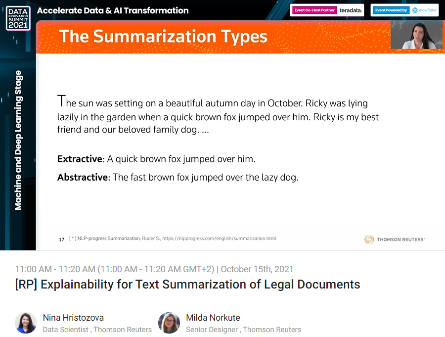 DISummit2030's tweet photo. .@NHristozova, Data Scientist &amp; @milda_nor, Senior Designer at @thomsonreuters are starting the Machine &amp; Deep Learning Stage discussions, presenting on 'Explainability for Text Summarization of Legal Documents' #DataInnovationSummit2021 #DataInnovationSummit #DIS21 #DIS2030 https://t.co/pSnkUxk1HH