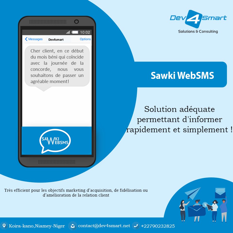 dev4smart's tweet image. Avec Sawki WebSMS, envoyez des SMS de fidélisation, des SMS promotionnels ou encore transactionnels et soyez plus proche de vos clients.
@Dev4smart, pensez-l&apos;innovation!
#SawkiWebSMS #SMSMarketing #BulkSMS