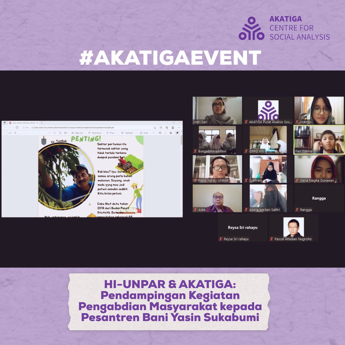 AKATIGA's tweet photo. “Pendampingan Pengabdian Masyarakat kepada Pesantren Bani Yasin Sukabumi”

Pandemi COVID-19 yang melanda dunia, termasuk Indonesia, mempengaruhi berbagai aspek kehidupan Indonesia, termasuk sektor pendidikan. https://t.co/qC4rxWyYOz