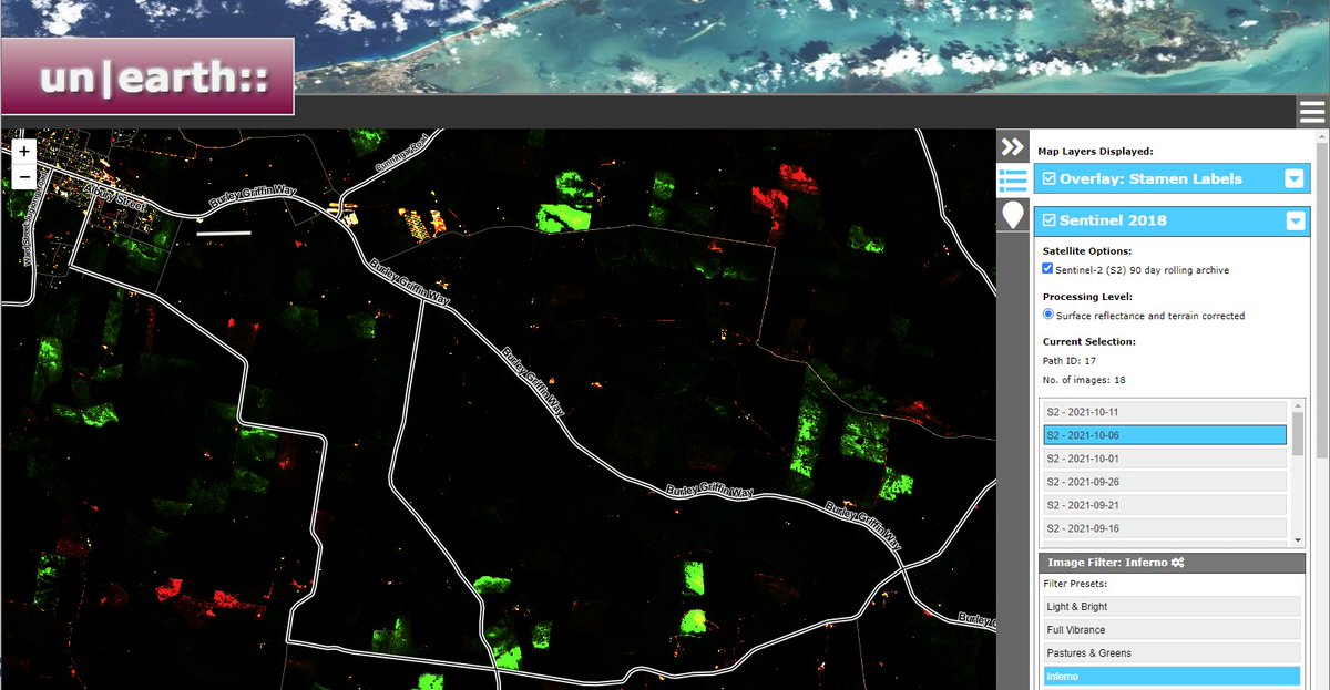 AllThingSpatial's tweet image. Blooming canola crops causing issues for #EarthObservation indicators like NDVI (close up of top left corner, light green shows canola crops). Inferno filter gives extra highlight to identify such fields correctly. #Sentinel-2 #SatelliteImagery: by mapxplorer.com/unearth.html