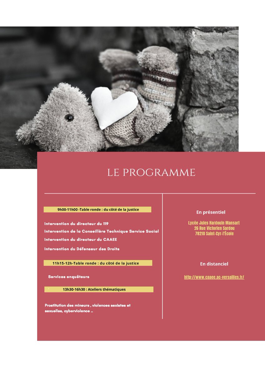 Jp_Flx's tweet photo. 20 novembre 2021 : Journée mondiale de l'enfance https://t.co/zaEsfEQyBA
 
Le #CAAEE vous propose une journée
Enfance en Danger le lundi 22 novembre.
Table ronde : repérer et remonter des violences
Table ronde : du côté de la justice
https://t.co/3CQ1Or8WQl https://t.co/UkH5T6cLi9