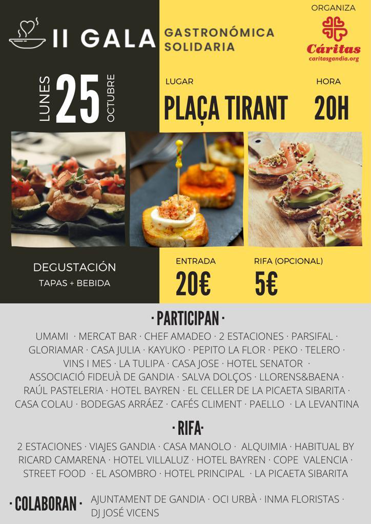 📌 <a href="/CaritasGandia/">Cáritas Gandia</a> organiza la II Gala Gastronómica Solidaria, el próximo lunes 25 de octubre. 
Nosotras nos sumamos a esta fantástica iniciativa, que ayudará a la labor que realiza #caritas con las personas sin hogar.
Más información 👉🏼 bit.ly/3DA83Lc
#empresasconcorazon