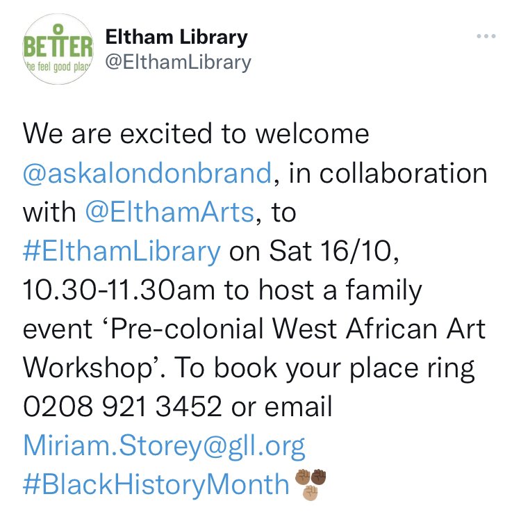 askalondonbrand's tweet photo. One more day before Pre-colonial West African Art family event in collaboration with @ElthamArts
#GreenwichLibrary 11:30-12:30pm
#ElthamLibrary 1:30-2:30pm
Contact Miriam.Storey@gll.org
last min booking
Come find out how youโre connected to black history
#BlackHistoryMonth https://t.co/lZmuW63wPe