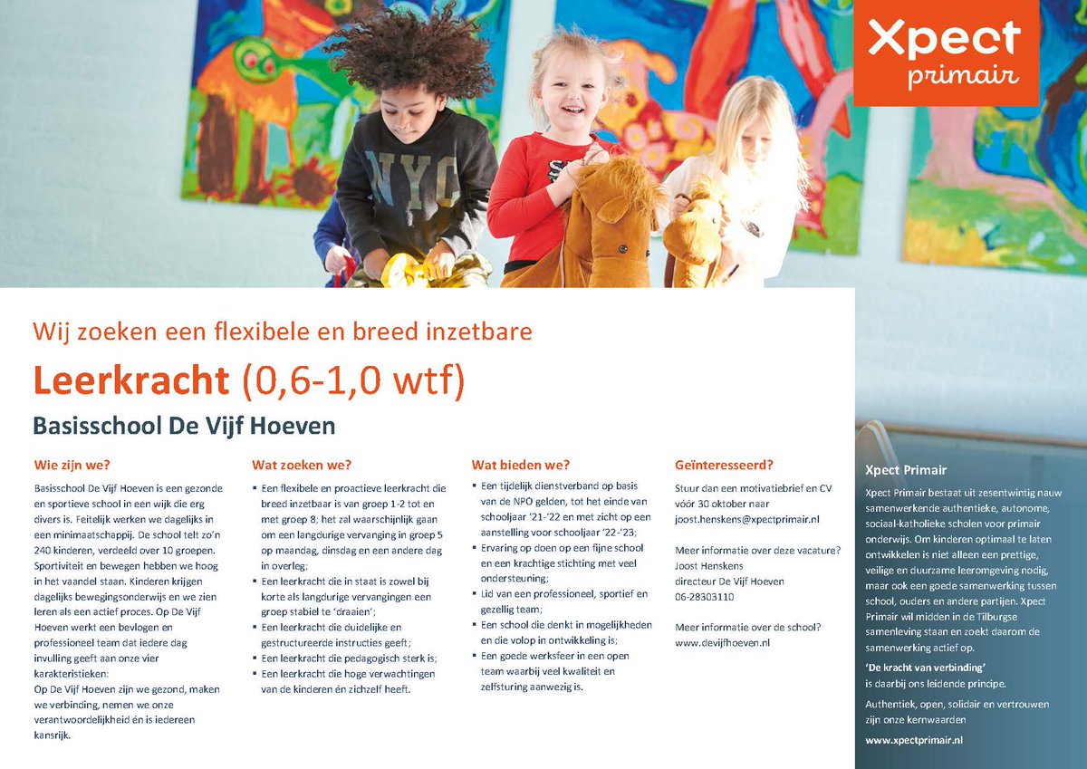 xpect013's tweet photo. Vacature!

Op basisschool de Vijf Hoeven zijn we op zoek naar een flexibele en proactieve leerkracht die breed inzetbaar is van groep 1-2 tot en met groep 8 (0,6-1,0 wtf). 

Is je interesse gewekt? Reageer dan vóór 30 oktober! https://t.co/SDPYqaVTeJ