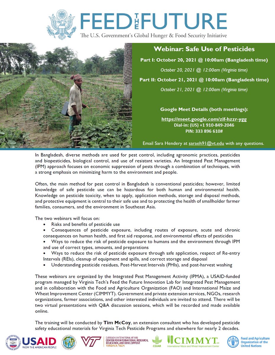 IPM_IL's tweet image. Join @IPM_IL NEXT WEEK for a #pesticide training webinar for our @USAID project in #Bangladesh. Details below or simply join us on October 20 at 10am Bangladesh time here:
meet.google.com/zif-hzzr-ygg

@CIMMYT @FAOBangladesh @FeedtheFuture @USAID_BD