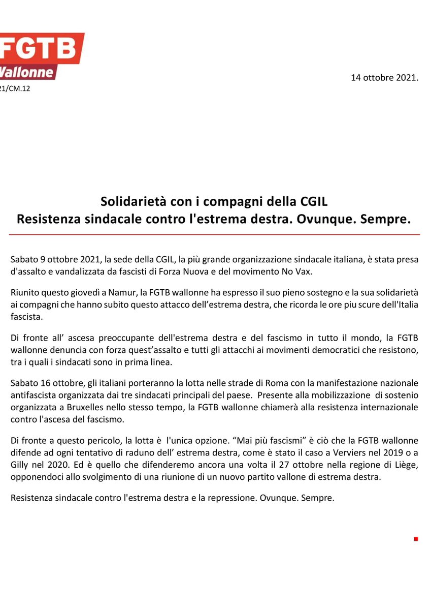 FGTBwallonne's tweet photo. Solidarietà con i compagni della @cgilnazionale.
Resistenza sindacale contro l'estrema destra. Ovunque. Sempre.
#Maipiufascismi #SiamoTuttiCgil #Résistancesyndicale https://t.co/AGb5putyDm