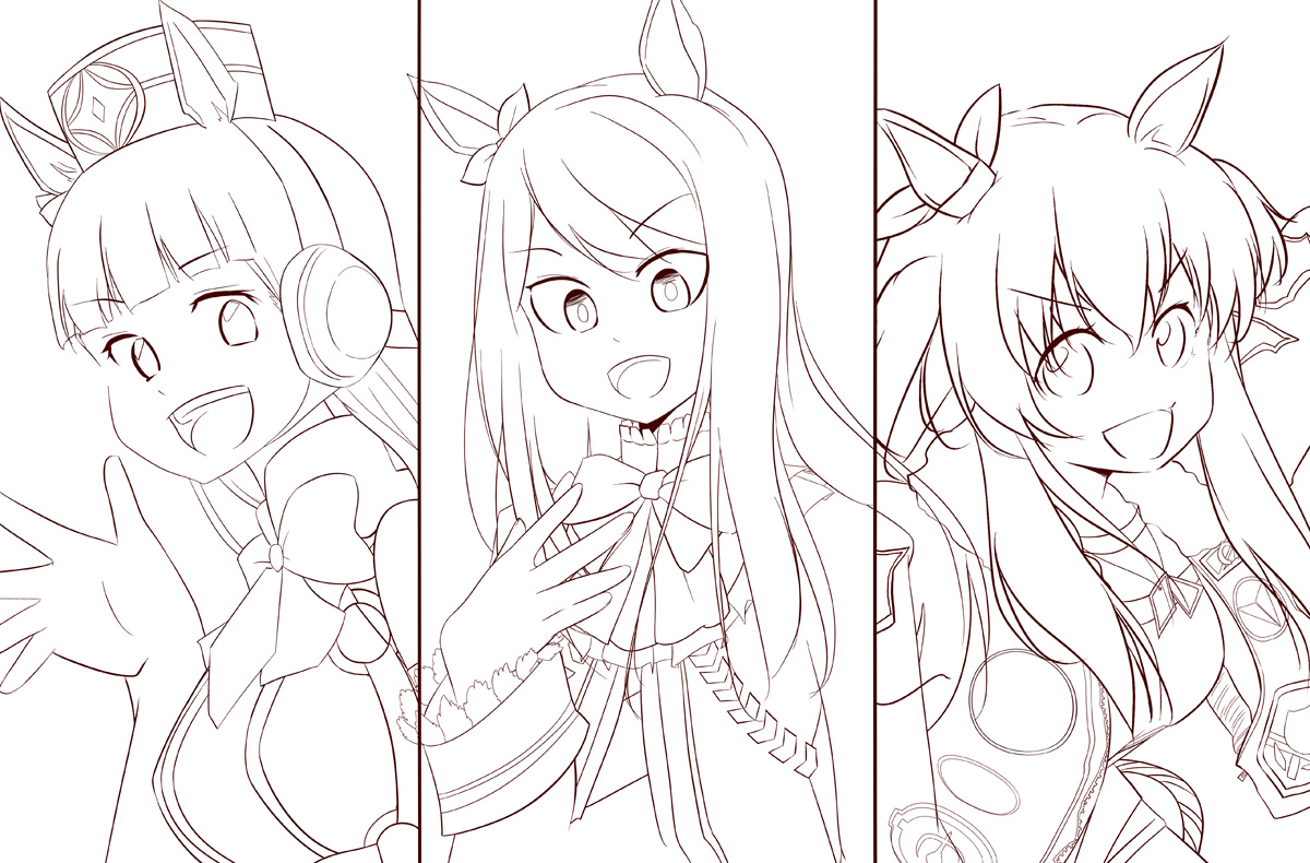 ゴールドシップちゃんとメジロマックイーンちゃんとマヤノトップガンちゃん描いてました。今日はここまでにするゴルシ。^q^zzZ 