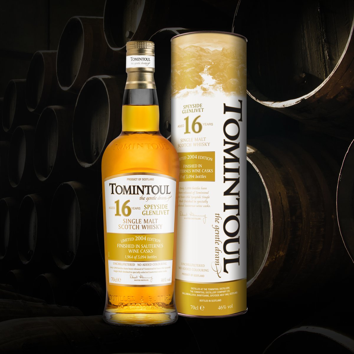 We are delighted to announce our new limited edition release, Tomintoul 16 Year Old Sauternes Wine Cask Finish, which was distilled in 2004. There are 5,094 bottles available. The Sauternes wine barrels perfectly complement our Tomintoul Single Malt adding depth and complexity.