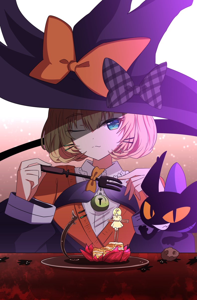 1girl fork hat witch hat holding fork orange sweater orange bow  illustration images