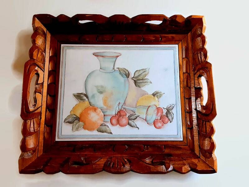 Carved Wood Tray With Porcelain Fruit Design, Rustic Bohemian Tray Made In Mexico,Carafe And Fruit Display etsy.me/3ALphTO #mexicowood #carvedwoodtray #bohemianhome #ornateservingtray #handcarvedtray #winebar #housewarminggift #bohemiandecadence #rusticfarmhouse