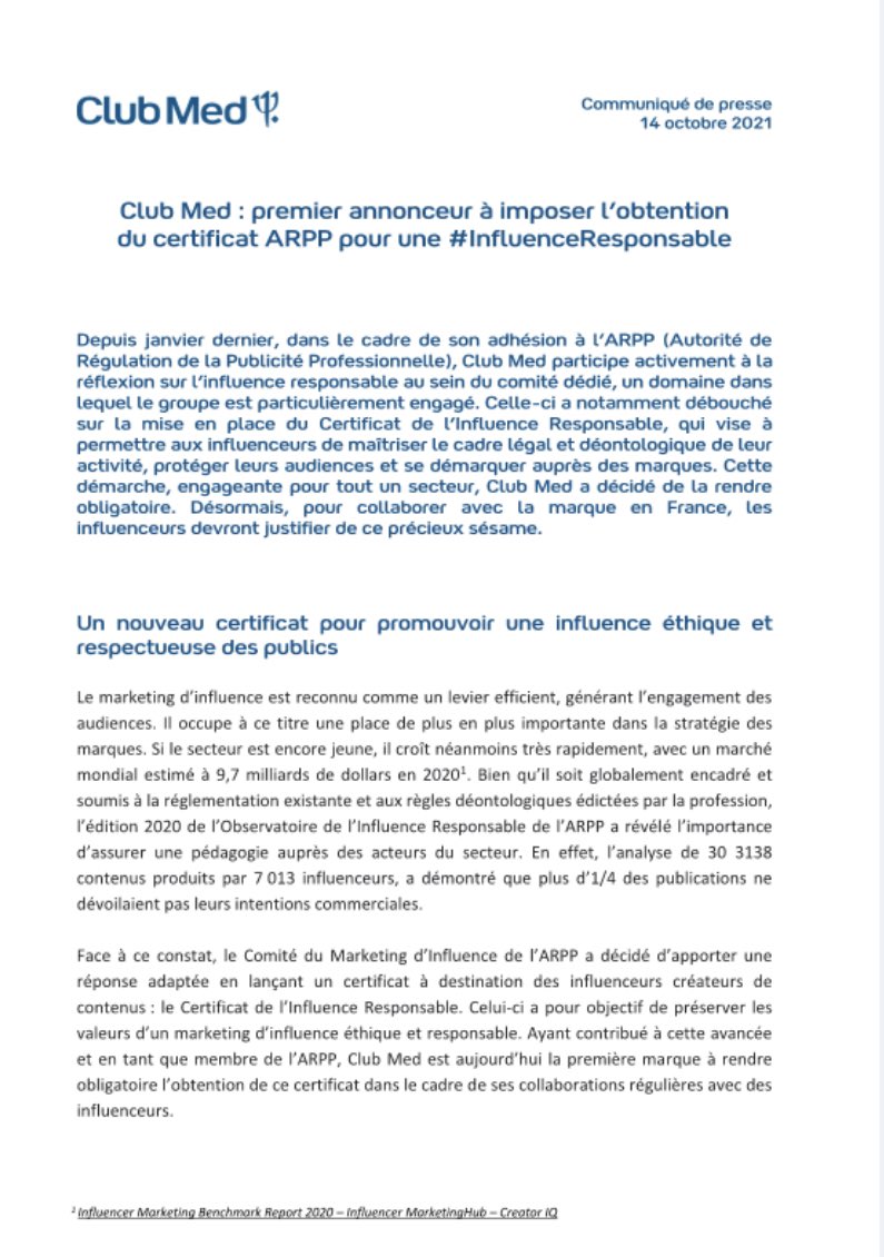 camillejourdain's tweet photo. Le premier annonceur à imposer l’obtention du certificat #ARPP pour une #InfluenceResponsable est :  
@ClubMedFR !
Une belle initiative qui permet de promouvoir une influence plus éthique, « totalement en phase avec l’ADN de la marque ». 
Bravo @Neveu_Tiphaine et son équipe. https://t.co/eyJDoN3S0I