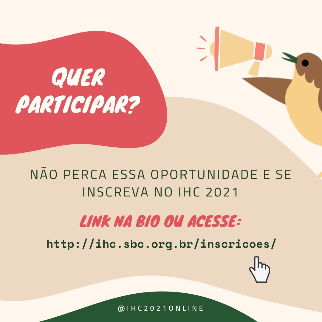 Faltam 3 dias para o nosso IHC 2021 e vamos começar a divulgação da nossa programação que tá imperdível!

Começando pelo Workshop sobre Educação em Interação Humano-Computador (WEIHC).

Se você ainda não comprou seu ingresso, aproveita e faz agora: ihc.sbc.org.br/inscricoes/