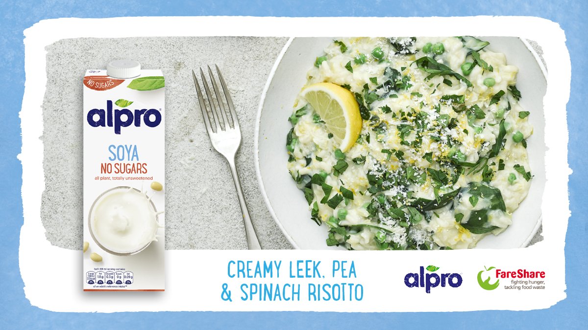 FareShareUK's tweet photo. Plant-powered risotto๐ฅฌ
A deliciously creamy 100% #plantbased risotto ideal for Autumn. Uses @Alpro soya drink and UKโs favourite green โ peas! Another amazing #SurplusSupper recipe with @Alpro
๐https://t.co/EPdssOxW5h
#planetarydiets https://t.co/5T0TC1f2r0