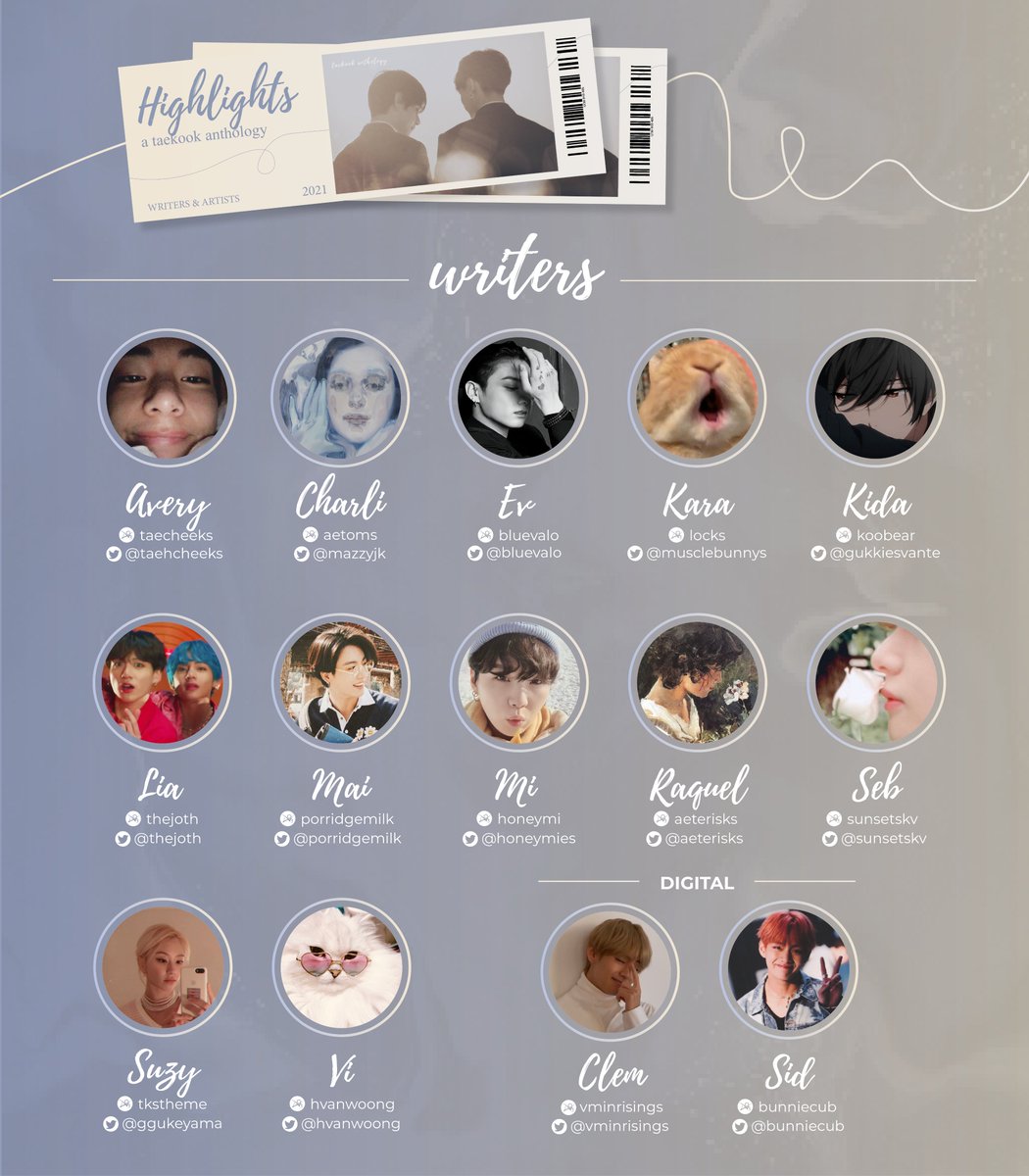 taekookfeature's tweet photo. 🎞️ CONTRIBUTOR LINEUP 

Here is the confirmed cast of writers and artists for Highlights! We’re so excited to see the stories and illustrations they will create together for the big screens 🤍 https://t.co/BvBudTeF8o