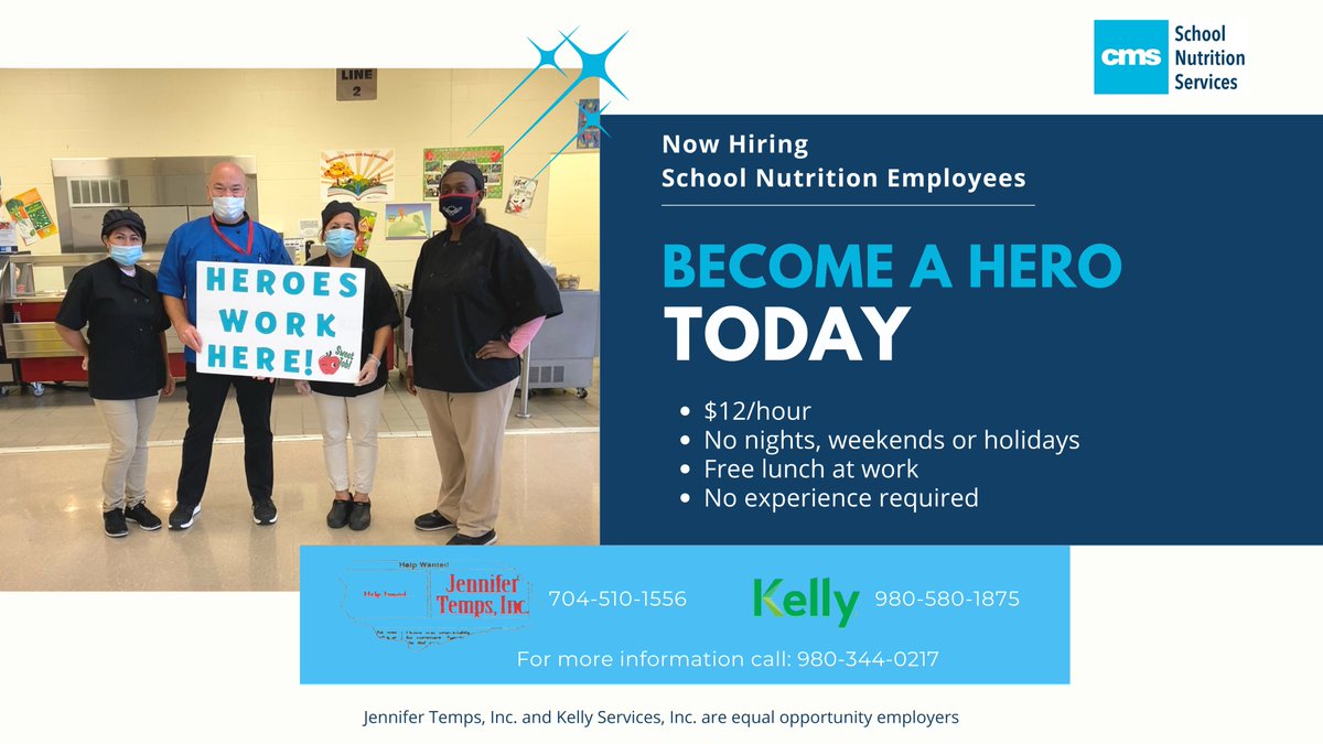 Are you or someone you know looking for a rewarding job? Come be a Hero with us, making a difference in children’s lives daily! #jobs #charlottejobs #hiring #heros #lunchladies #fooddudes