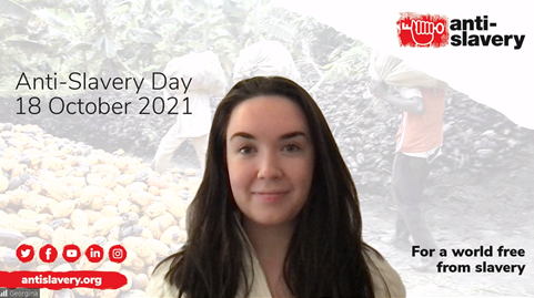 Don't forget! It's #AntiSlaveryDay on Monday... AND we'd love for you to join us!

Raise critical awareness of #ModernSlavery by sharing our very own Zoom background - just like our lovely colleague Georgina.

To receive your copy, email us at: e.arif-fear@antislavery.org 📩