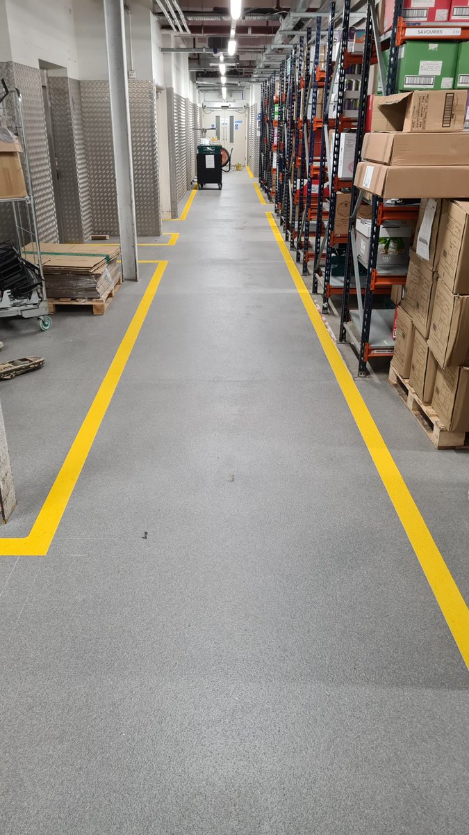 Ongoing warehouse works for multinational retailer installing the Degafloor FB system and Degafloor Premierline for demarcation. Overnight works ensuring all areas can be fully trafficked the next morning. #RetailResinExperts