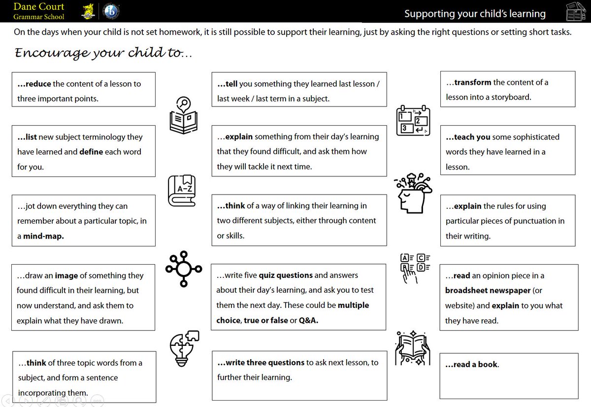 Sally Jellett (@sally_jellett) on Twitter photo We've revised our homework principles this year, and wanted a way of involving parents, without piling lots of extra work on the students. Lots of retrieval ideas from
<a href="/KateJones_teach/">Kate Jones</a> and some <a href="/thinkinghard12/">Thinking Hard</a>
gems. Editable version here: dropbox.com/s/2inprrwnmhha… We've revised our homework principles this year, and wanted a way of involving parents, without piling lots of extra work on the students. Lots of retrieval ideas from
<a href="/KateJones_teach/">Kate Jones</a> and some <a href="/thinkinghard12/">Thinking Hard</a>
gems. Editable version here: dropbox.com/s/2inprrwnmhha…