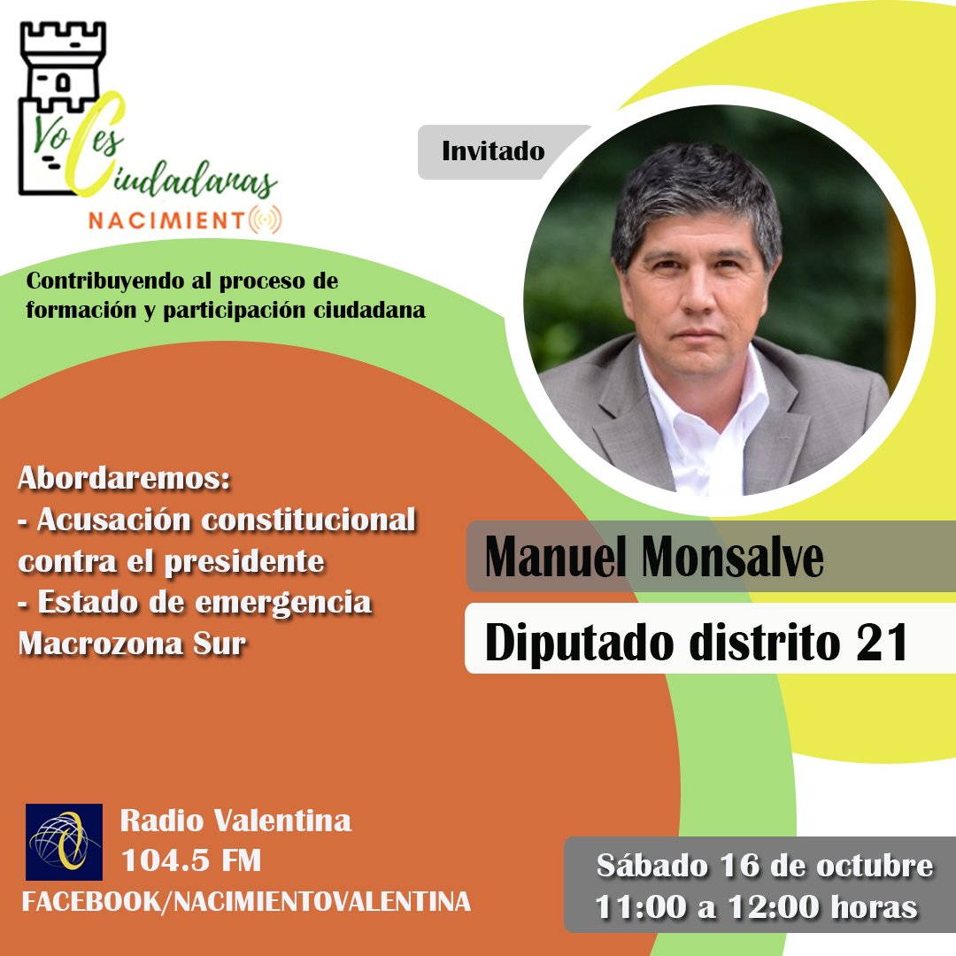 Mañana estaremos conversando con @DiputadoMonsalv a través de Radio Valentina 104.5 FM. Además nos pueden ver mediante su página de Facebook. ¡Estaremos leyendo todas sus preguntas!
#AcusaciónConstitucional #EstadodeEmergencia #ManuelMonsalve
@ItaloGallegosIn