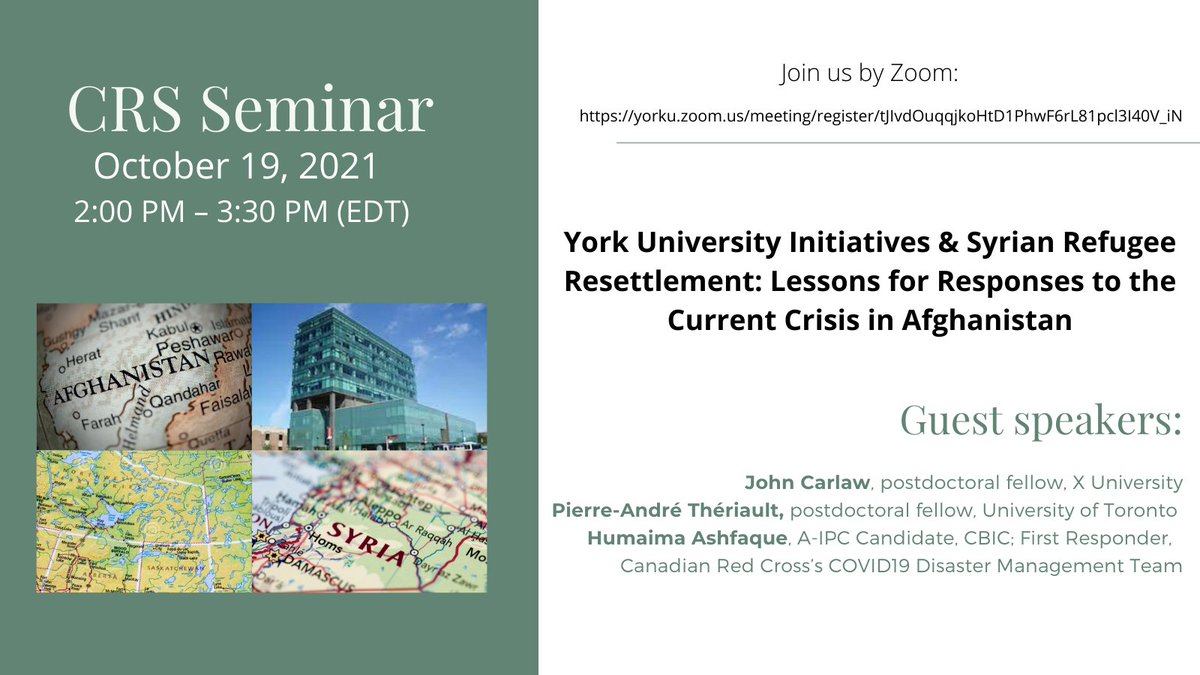 How should Canadian universities respond to the crisis in Afghanistan?

What can we learn from prior university initiatives involving Syrian refugee resettlement?

Join the discussion on Oct 19 at 2:00pmET:

crs.info.yorku.ca/archives/event…