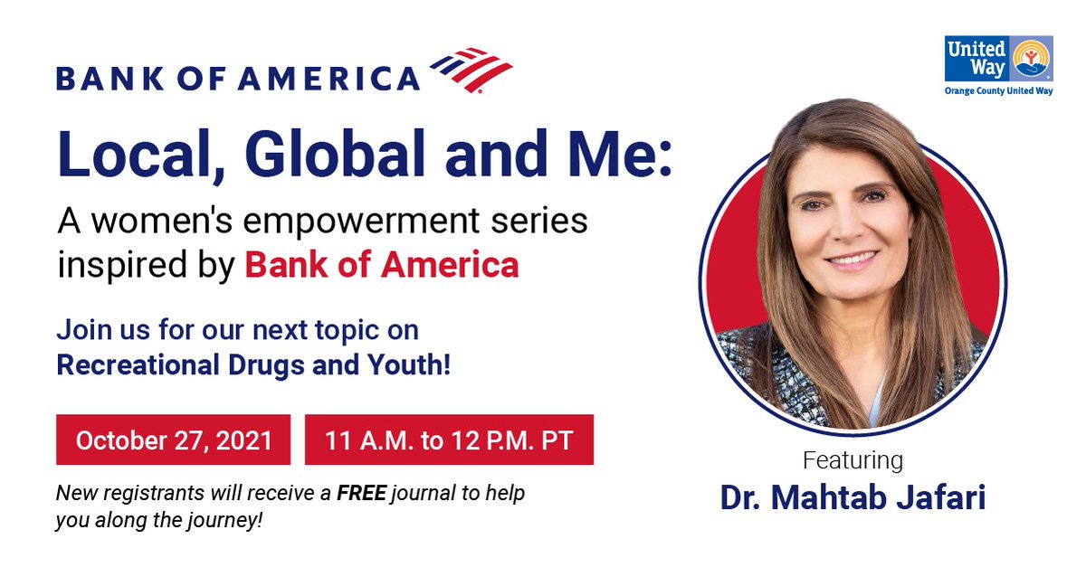 unitedwayoc's tweet photo. You're Invited! Join @BankofAmerica and @unitedwayoc's #WomenUnitedOC at our next #LocalGlobalMe event to learn about Recreational Drugs and Youth from Dr. Mahtab Jafari! Register today: https://t.co/5ccZ8dwbV0. https://t.co/GjjkuysCoH