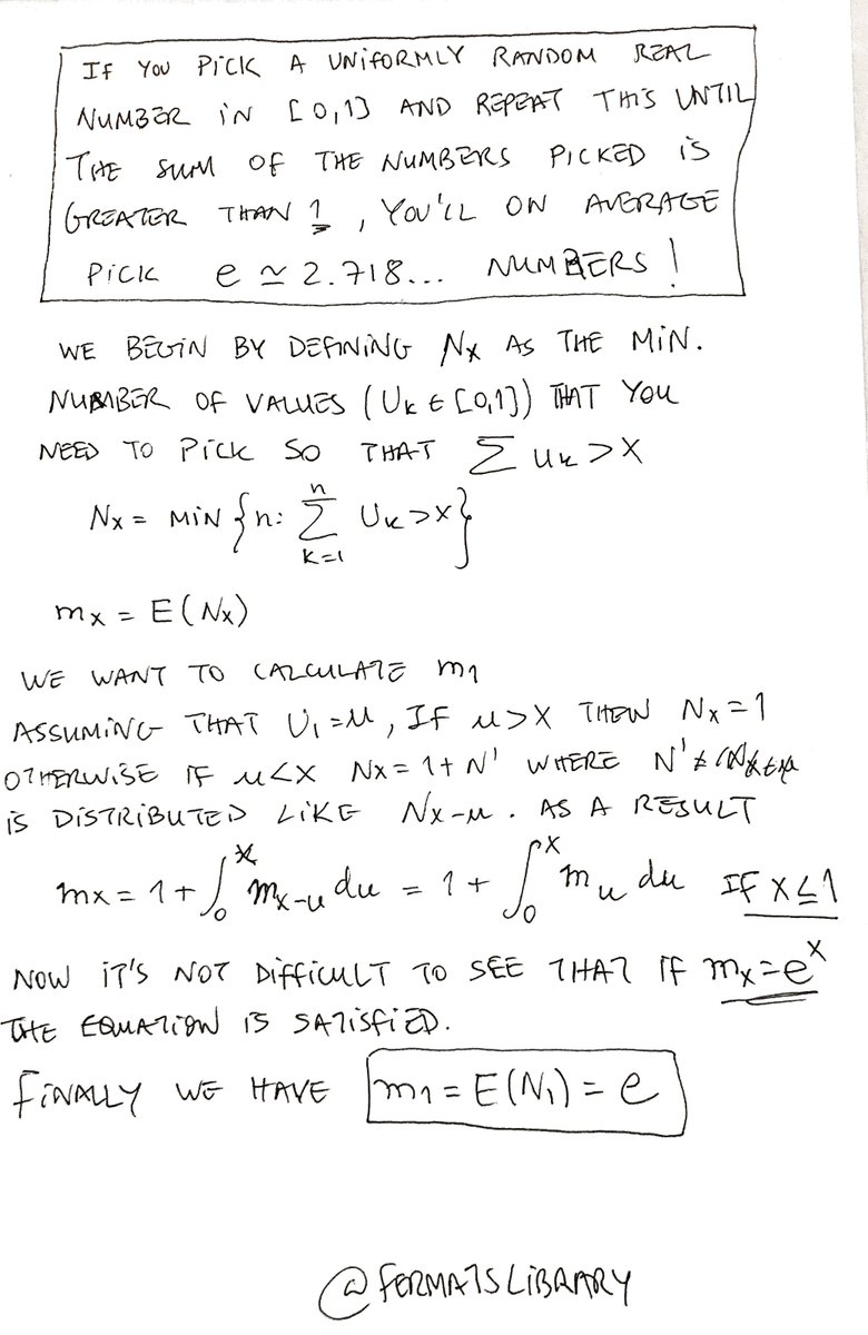 Pick a uniformly random number in [0,1] and repeat until the sum of the numbers picked is >1. You'll on average pick e≈2.718... numbers!