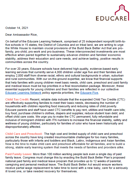 Educare leaders are calling on the White House &amp; Congress to maintain crucial, interconnected portions of the #BuildBackBetter Act: paid family leave, child care, pre-K and the #ChildTaxCredit. Read our call to action!