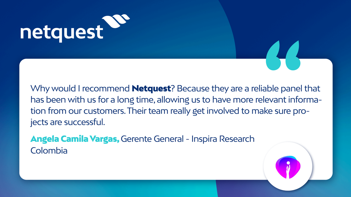 netquest's tweet photo. The celebrations for our 20th anniversary continue.
Some of our clients responded why would they recommend #Netquest as their #data partner?
Thank you Camila Vargas from #InspiraResearch https://t.co/WA0kX5j8TC