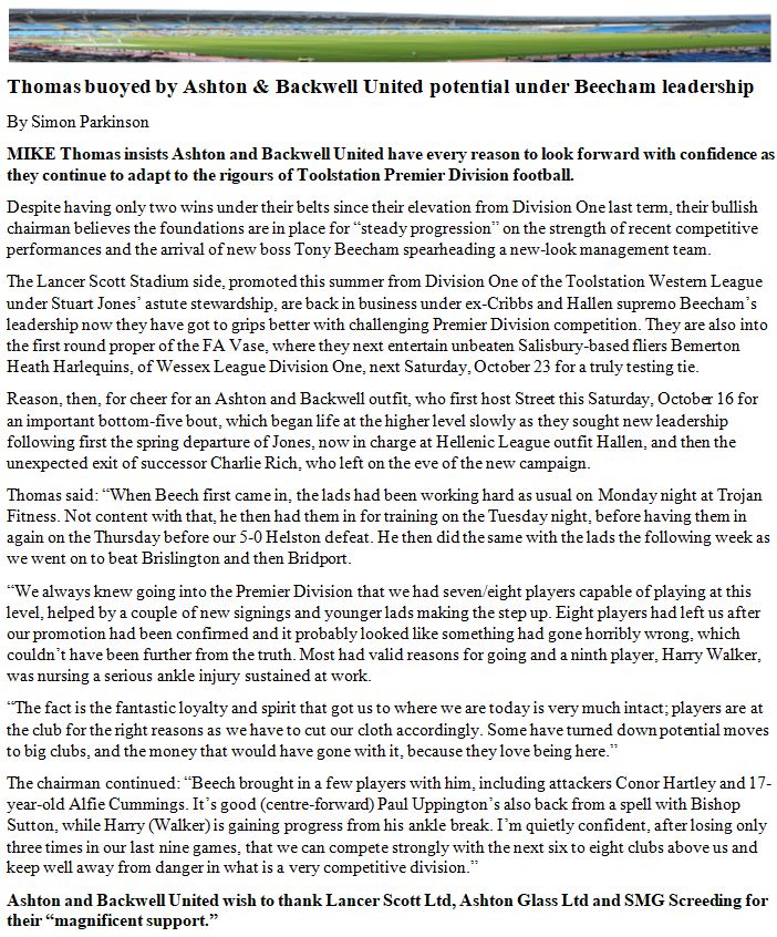 Life under Beecham leadership looking rosy for Ashton and Backwell United's fast-improving @TSWesternLeague team . . . <a href="/ABUFCSocial/">Ashton & Backwell United FC</a> <a href="/LancerScottLtd/">Lancer Scott Ltd</a> <a href="/tswlfans/">Toolstation Western League Fans🇺🇦</a>  <a href="/SomersetFA/">Somerset FA</a> <a href="/NSomTimes/">North Somerset Times</a>