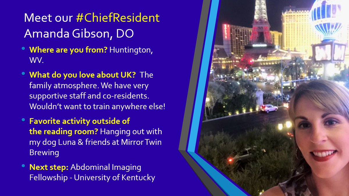 Initiating our first #RadRes profile featuring our #ChiefResident @amandagibson_do who is new to the twitterverse! We have to show her what she has been missing out! #womeninmedicine #medtwitter #radiology