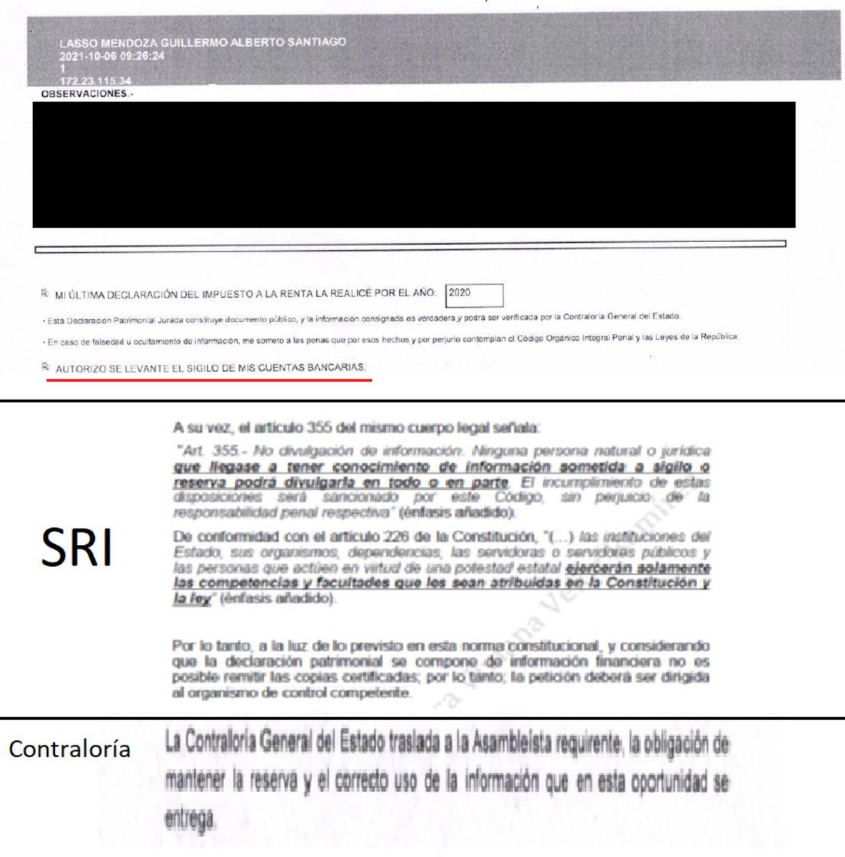 VivianaVelozEc's tweet photo. 🔴🔴🔴URGENTE
Según la declaración de bienes a Contraloría @LassoGuillermo renunció al sigilo bancario para ser Presidente; no obstante el SRI, Contraloría y BCE lo protegen al no entregar su información financiera y tributaria, declarandola RESERVADA.
El 🇪🇨necesita la verdad. https://t.co/CmVLqnCGZF