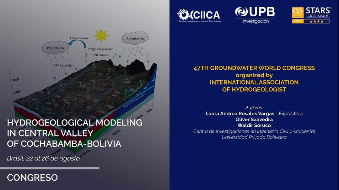 Se presentaron los resultados del proyecto de investigación, realizado por el CIICA y cuyo objetivo fue la elaboración de un modelo hidrogeológico y de un inventario de pozos en operación de la zona El Paso-Cochabamba. 
Enlace: iah2021brazil.org/en/
#InvesticaciónUPB #CIICA