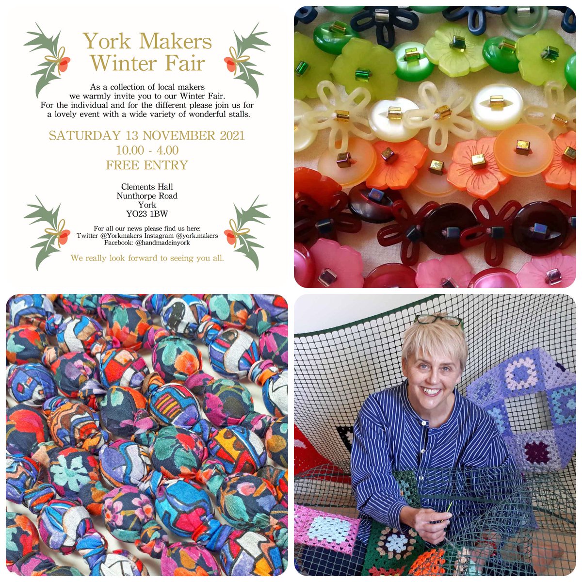 Yorkmakers's tweet photo. Today's #WinterFair #MeettheMaker is Sally Stone from @Hippystitch. Having finished this year's #Yarnstorm in #RowntreePark #York, Sally will be bringing you her #fabricnecklaces, #buttonbracelets & colourful jewellery. Take a look!
#handmade #shoplocal #ShopSmall #shopindie https://t.co/UaEn9DlrbV