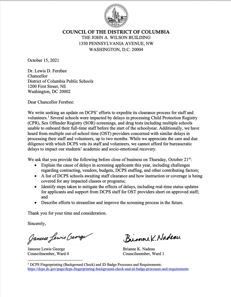 CMLewisGeorgeW4's tweet photo. Earlier today 9 of my colleagues joined me in writing @DCPSChancellor Ferebee about hiring delays in processing clearances for #DC teachers and out-of-school time professionals. Our students & families are counting on these critical instructors and programs! https://t.co/OAUFJn6wPQ