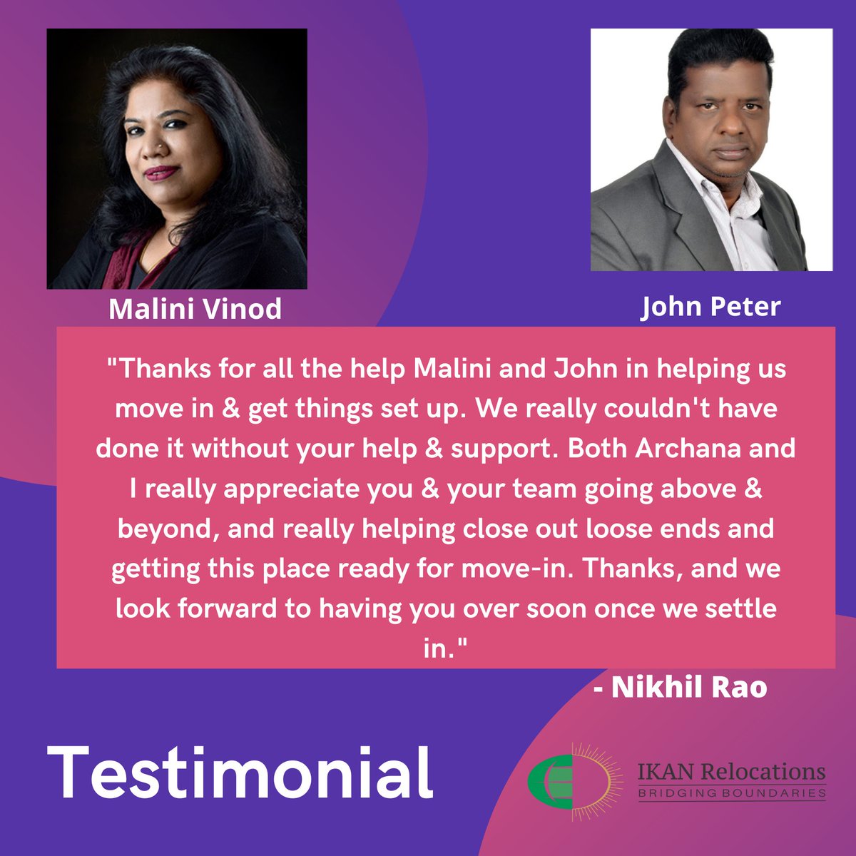 ikanrelocations's tweet photo. Our Testimonials from our clients is an extension of our commitment to deliver the best services, We thank Mr. Nikhil Rao for sharing such a wonderful #feedback on the assistance provided by our team members Malini Vinod &amp; Peter John.

#testimonials  #globalmobility #Relocation https://t.co/N13wUcybYO