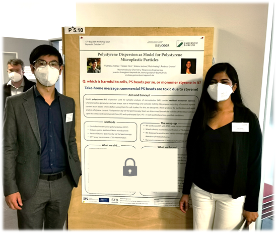 SFB1357's tweet photo. Congratulations to @Tasmai10 &amp; @YuanhuZhang for winning the BEST POSTER AWARD at the 13th @BayCEER Workshop. Are polystyrene beads per se harmful to cells or is it the non-polymerized monomer styrene? Clear message for this study: it's the monomer styrene! #microplastics @SFB1357 https://t.co/33Vu80cl3d