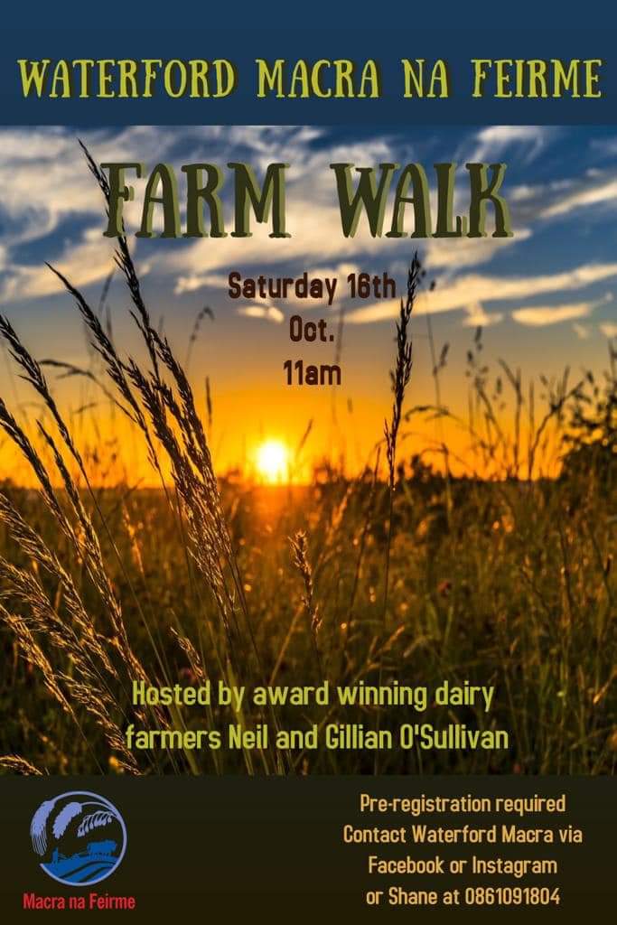 Waterford Macra is kickstarting activity again in the county with what promises to be a really interesting farmwalk on Gillian and Neil O Sullivans farm outside Dungarvan. All young farmers are welcome to attend- you can register on the following link form.jotform.com/212733502068046