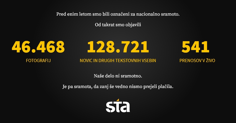 Na današnji dan pred enim letom nas je premier <a href="/JJansaSDS/">Janez Janša</a> označil za nacionalno sramoto. Sledila je tudi ustavitev financiranja javne službe, a to nas ni ustavilo. #zaobSTAnek <a href="/novinarSI/">Društvo novinarjev Slovenije</a> <a href="/vladaRS/">Vlada Republike Slovenije</a>  <a href="/BorutPahor/">Borut Pahor</a> <a href="/IgorZorcic/">Igor Zorčič</a> <a href="/AlojzKovsca/">Alojz Kovšca</a> <a href="/EKvSloveniji/">Evropska komisija</a> <a href="/Europarl_SL/">Evropski parlament v Sloveniji</a>