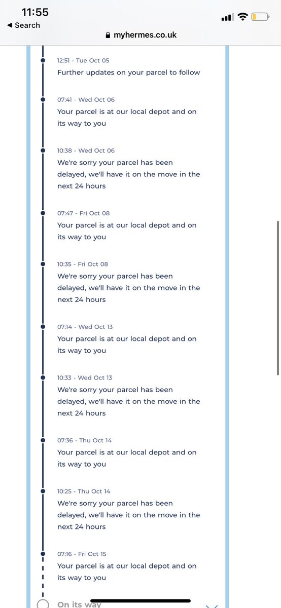 lucy_richards22's tweet photo. @Hermesparcels after several attempts to speak to a real person and not a bot, can someone *please* tell me what’s going on with my parcel 😭 It seems like it’s stuck in a continuous loop! https://t.co/iYjby4YppY
