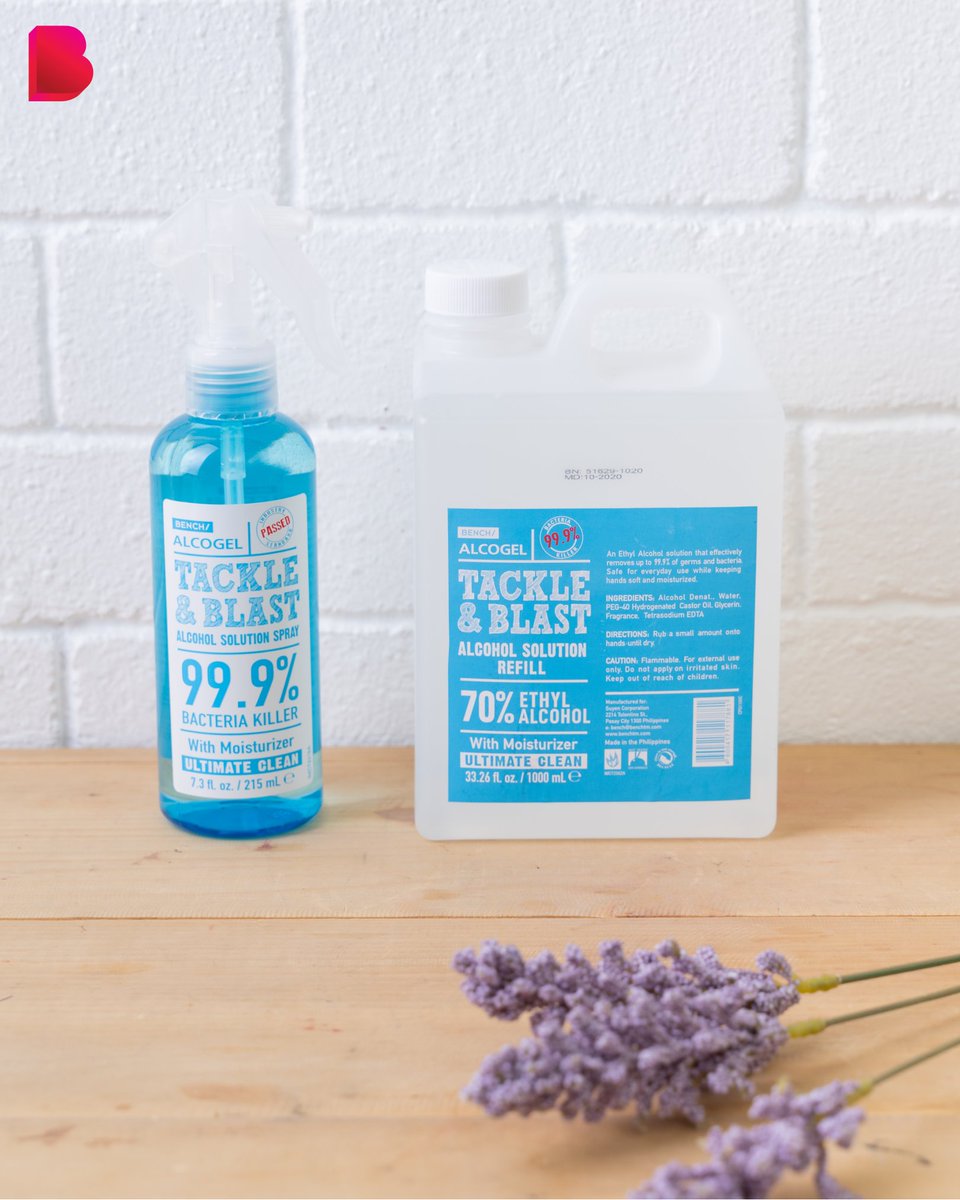 benchtm's tweet photo. Friendly reminder to save on the packaging! Good thing our Tackle & Blast Alcohol is available in refills! π
Tackle and blast those germs away with our 70% ethyl alcohol solution. Shop #BENCHNewNormal sprays and refills in-stores or online at https://t.co/AmywXo1aXl. β¨ https://t.co/0PdBmQM7V3