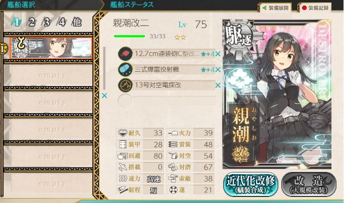 親潮改二おめでと!下着のセクシー度上がってる気が…レベル心配だったけど足りてよかった～。今後考えたらもう少し上げとかないとだけど 