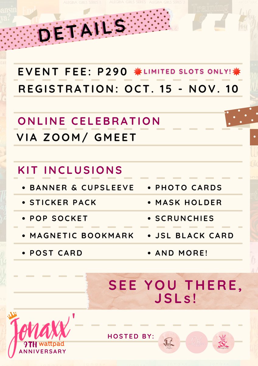 jsldumaguete's tweet image. 𝙃𝙚𝙮, 𝙅𝙎𝙇𝙨!
JSL Dumaguete, together with Jsl Cebuu and Negros Occidental are hosting an online event to celebrate Queen Jonaxx&apos; 9th Wattpad Anniversary ❤️‍🔥

More details 👇