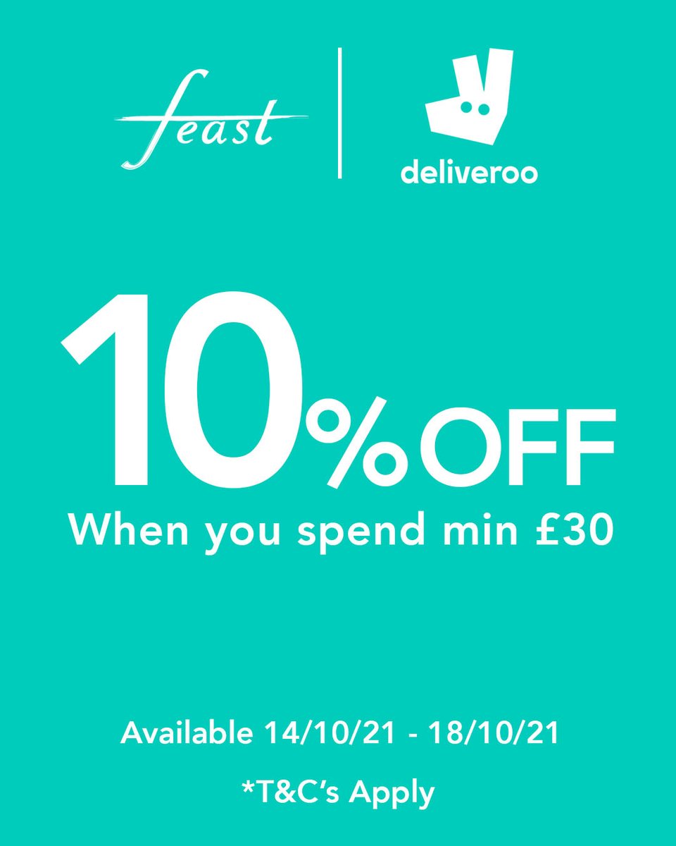 FeastRestauran1's tweet photo. Get 10% of your bill when you spend a min of £30 on @Deliveroo. 🍔 🌭 🍕 🍟
The offer starts 14/10/21 and ends 18/10/21.
*T&amp;C's apply
#promo #feast #deliveroo #moneyoff #food #restaurant #feastoffer #feastpromo #discount #foodie #yum #delivery #tasty #october #deals https://t.co/NMomQdNiUN