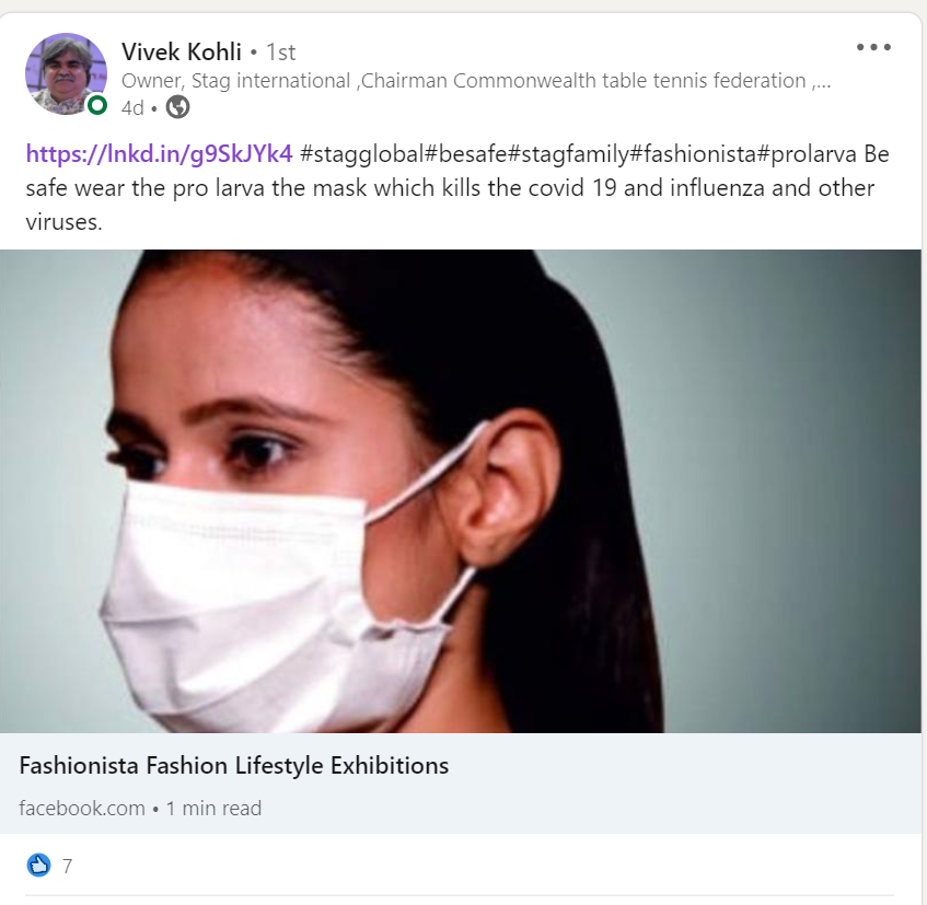 SchmidtUk's tweet photo. #NNN VK Linkedin post 👇
Be safe wear the pro larva the mask which kills the covid 19 and influenza and other viruses.
#stagglobal #besafe #stagfamily #fashionista #prolarva https://t.co/jirIbXRn2D